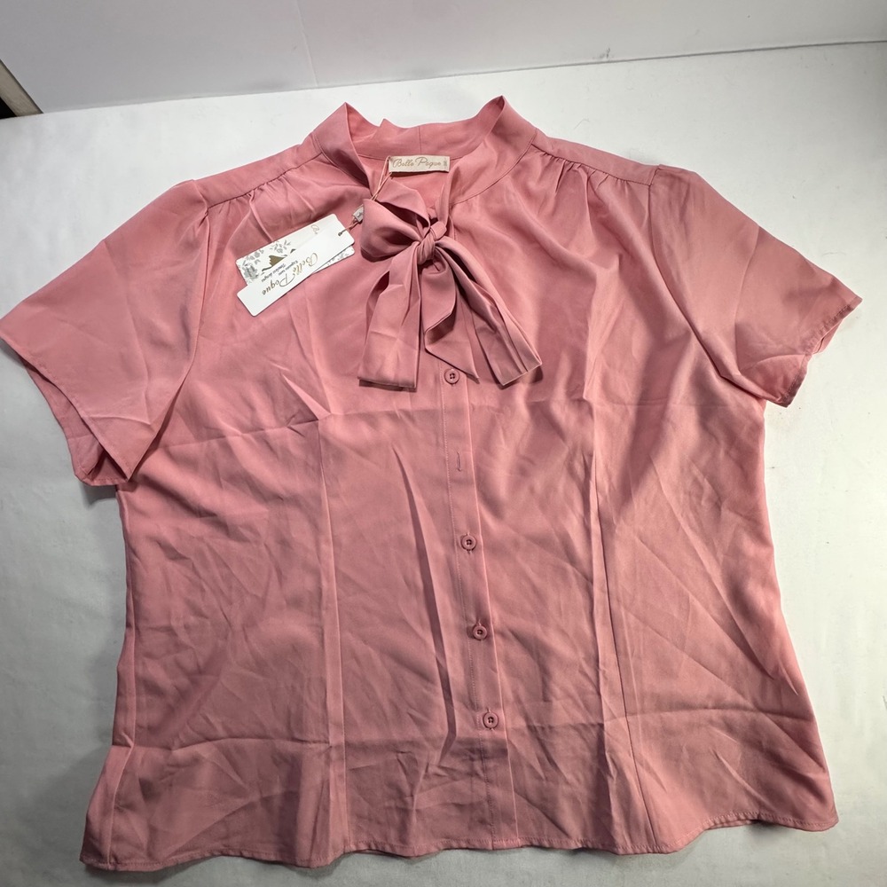 Belle Poque Womens Pink Tie Neck Button Down Blouse Short Sleeve 3XL NWT